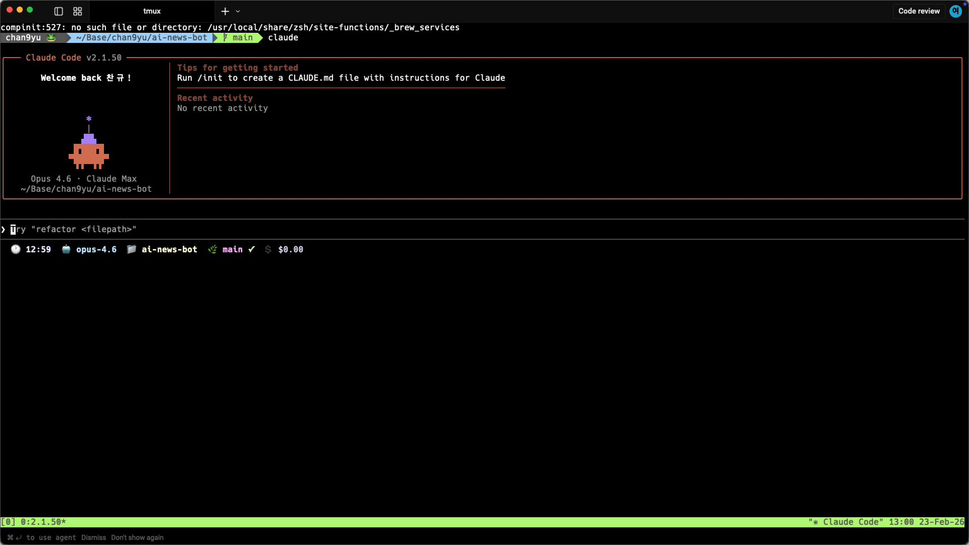 tmux 안에서 Claude Code를 실행한 화면