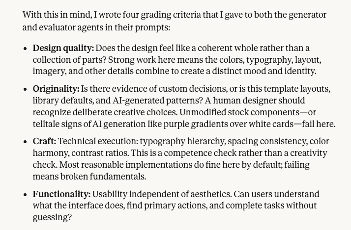 Anthropic 블로그의 4가지 평가 기준 불릿 리스트 (Design quality / Originality / Craft / Functionality). 출처: 같은 페이지, "Frontend design: making subjective quality gradable" 섹션